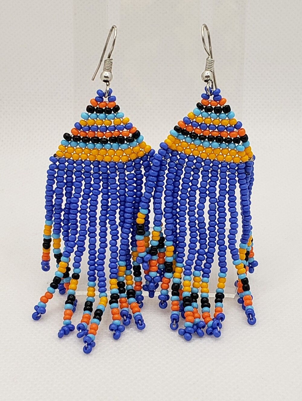 Handmade Blue Beaded Fringe Earrings - Women Jewelry